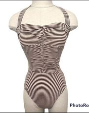 Reformation brown and white stripe single strap bodysuit