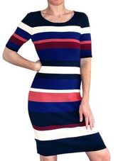 Ann Taylor Navy Colorful Stripe Bodycon Midi Short Sleeve Dress