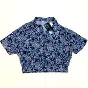 NWT paper crane navy blue paisley print crop top faux collar with buttons