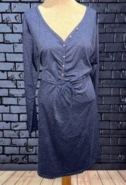 Women's Dress with Buttons and Belt V Neck Long Sleeve Short Dress Blue XXL