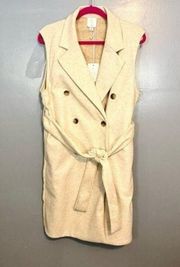 Cream Sleeveless Waist Tie Mid-length Double Breasted Peacoat Jacket