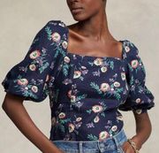 Polo Ralph Lauren Linen Navy Floral 3/4 Puff Sleeve Square Neck Blouse 2