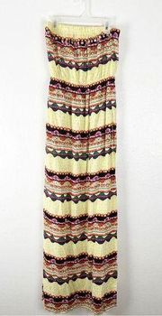 RACHEL ROY Yellow Tribal Print Studded Side Pockets High Slits Strapless Dress