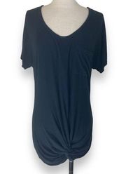 Venus black short sleeve t-shirt, long twist front, women's tunic tee