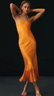 Anthropologie X Delfi Collective Orange Strapless Silk Fringe Dress NWT Small