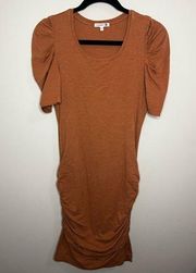 SUNDRY for ANTHROPOLOGIE Puff Sleeve, Ruched Side Mini Dress in Brown Clay sz. 1