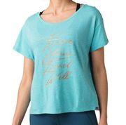 Prana Womens Have Stories Travel Well Graphic T Shirt XS Blue Slub Jersey NEW