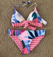 SPLENDID BIKINI SET REVERSIBLE THIN STRIPED PALE PINK FLORAL NWT SZ L