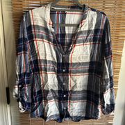 Soft Joie Womens Button Front Shirt  Plaid Roll Tab Sleeve Large Tunic