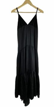 L'Agence Black Satin Long Slip Dress A Line Tiered Hem Size S