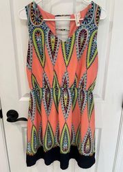 Pink Owl Geometric Paisley Coral Sleeveless Elastic Waist Dress Women’s Size L