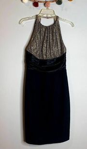 NWT Carmen Marc Valvo bronze sequin high neck open back dress