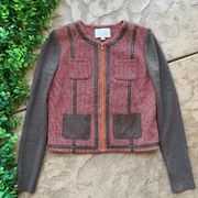 Hinge Seattle Tweed Wool Blend Faux Leather Zip Jacket Red Gray Brown Size Small