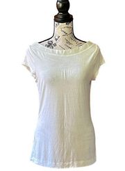 Ivory White Boatneck Rayon Satin Trim Top Button Back Semi Sheer L