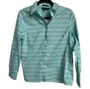 Jones New York Shirt Womens Small Stretch Green White Printed Button Up Cotton