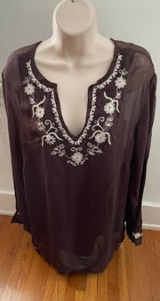 Brown Embroidered Lined Airy Blouse Tunic, size XL