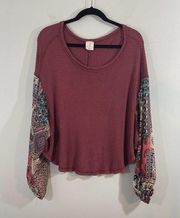 By Together Collection Maroon Waffle Knit Boho Balloon Sleeve Blouse Size M