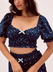 For Love & Lemons Lola Pointelle Crop Top XL Blue Floral Puff Sleeve Cottagecore