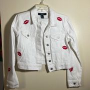 FOREVER 21 white denim jacket womens Small pre-owned embroidered lips