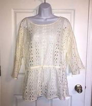 Coldwater Creek Eyelet Blouse Pepulum Cinched Waist  Ivory Women's Size L