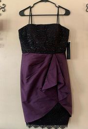 NWT  Black and Purple Metallic Lace Strapless Mini Cocktail Dress 8