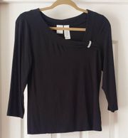 Black Asymmetric Rhinestone 3/4 Sleeve Top