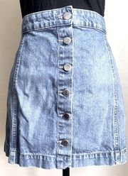 Denim Jean Mini Skirt: A-Line Style, High Waist w/ Silver Buttons, sz. 10