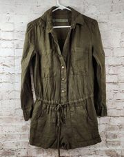 Enza Costa Intermix Green Romper Military Size 0 US XS French Linen Long Sleeve