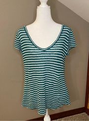 Paige Teal White Striped V-Neck Linen Short Sleeve Tee Extra Small
