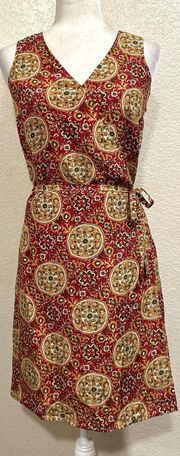 Red Floral Print Faux Wrap 100% Silk Dress w/ Belt