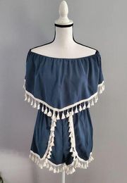 Jack by BB Dakota Blue Off The Shoulder Faith Fringe Trim Romper M