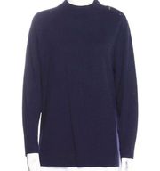 Kate Spade Wool Blend Cashmere Mock Neck Button Pullover Sweater Navy Blue Sz L