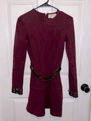 NEEDLE & THREAD Women's Burgundy Long Sleeve Embellished Belted Skater Dress