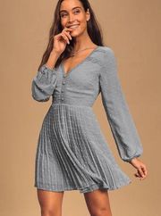 Lulus  Poetic Love Dusty Blue Swiss Dot Long Sleeve Pleated Mini Dress