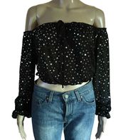 Metallic Star Print Off Shoulder Crop Top