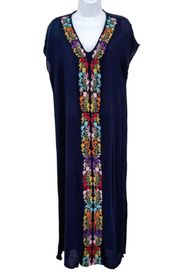 Floral Boho Embroidered Flower Print Gauzy Short Sleeve V-Neck Midi Dress Large