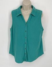 Charter Club Women's Sleeveless Button Pique Knit Shirt Top Size 14 Teal Green