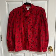 Cathy Daniels vintage Button Up Black Red Bow Tie Neck Blouse Top Size 12