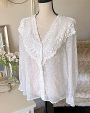 Eri + ali Anthro v neck button down cottage prairie floral embroidery blouse S