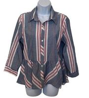 𝅺Love Notes EUC Red White Blue Stripe Button Down Peplum Cuff Sleeve Blouse Sz L