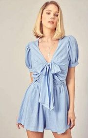 Mustard Seed Light Blue Front Tie Linen Romper / M