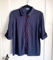 J. McLaughlin Navy Catalina Cloth Stretch 3/4 Sleeve Collared Snap Button Shirt