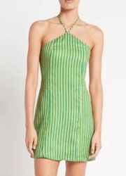 Faithfull The Brand Muthia Striped Linen Halterneck Mini Dress Green