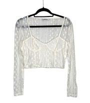 Stradivarius Floral Long Sleeve Sheer Sweetheart Lace Crop Top White Large Fairy