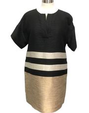 Lafayette 148 Sz M Metallic Shift Dress with Pockets Black Gold Silver Evening