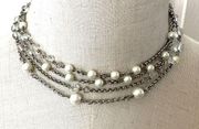 Ann Taylor double strand silver faux pearl and crystal necklace