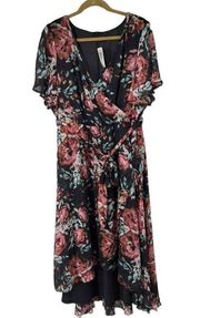 Torrid Floral Dark Grey Faux Wrap Swiss Dot Dress