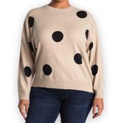 T Tahari Polka Dot Crew Neck Pullover Sweater Plus Size Tan Khahi Black 1X