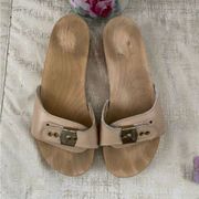 Vintage Dr. Scholl's Original Wooden Light Tan Leather Slide Sandals. Size 7.