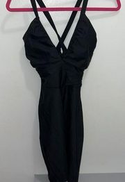 Solemio ruched v front halter mini dress black